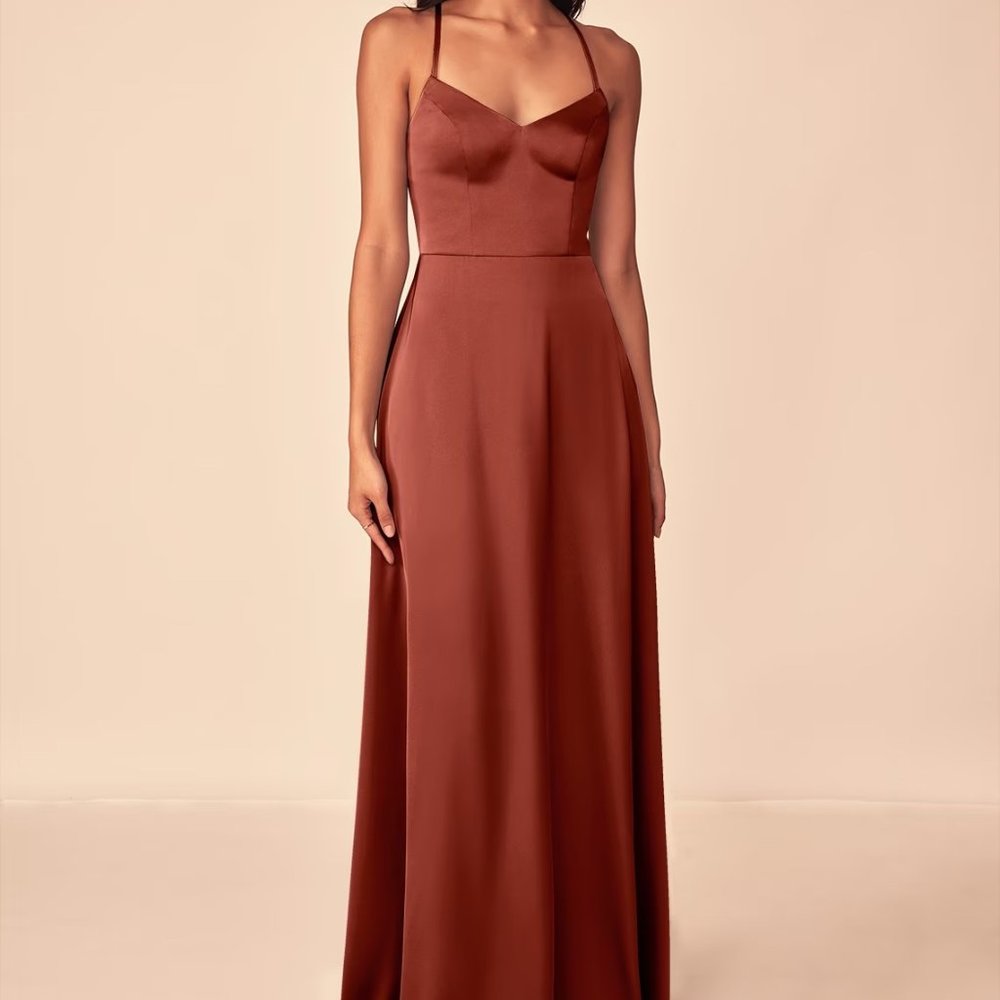 Azazie Mei Stretch Satin Dress in Terracotta (Size 2)